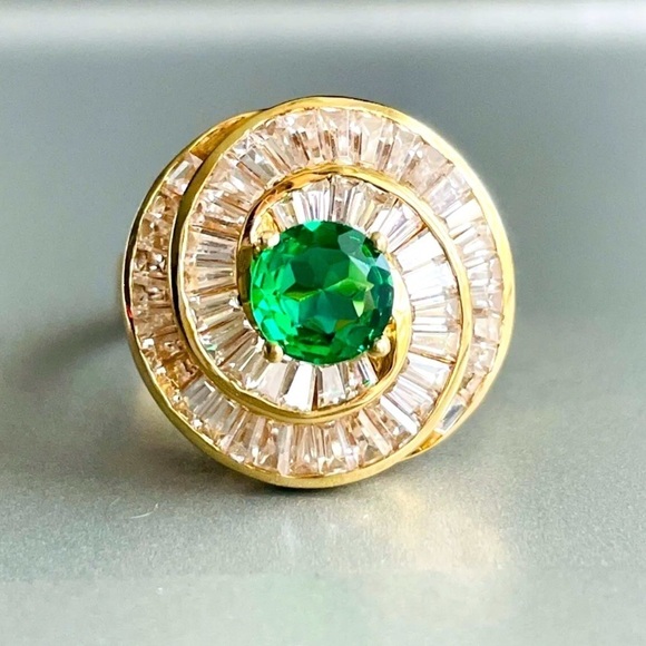 Jewelry - 14k Gold Green Garnet Demantoid, CZ Art Deco Round Spiral Filigree Cockt…